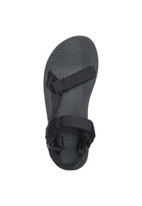 Black sandal with a textured rubber sole and adjustable nylon straps, featuring a minimalist design and flat profile.