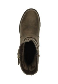 Bruine enkellaars met een gladde, gestructureerde oppervlakte, zijrits en een zachte binnenvoering. Rond neus en ontwerp met een lage hak.