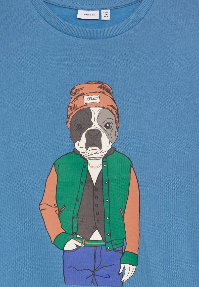 Niebieska bluza z graficznym motywem psa w pomarańczowej czapce i kolorowej kurtce, z szczegółowymi liniami dla tekstury i akcentów wzorniczych.