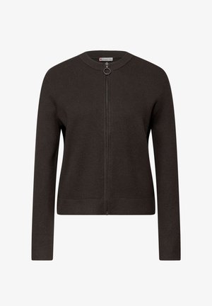 Černý pletený kardigan s kulatým výstřihem, zapínáním na celý zip a dlouhými rukávy. Má hladkou texturu a žebrovaný lem.