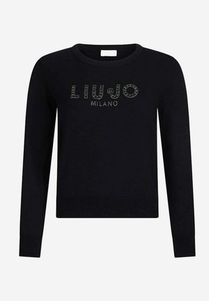 Maglione nero a maniche lunghe con scollo rotondo, con la scritta "LIU JO MILANO" decorata con strass sul petto.