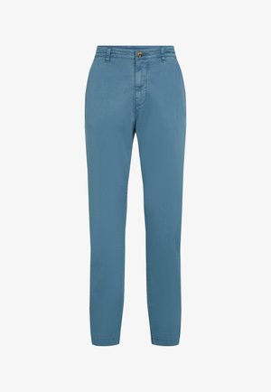 Jasnoniebieskie bawełniane spodnie z prostą nogawką, z zapięciem na guzik z przodu oraz dyskretnymi detalami w szyciu. Brak kieszeni i wzorów.