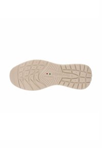 Semelle de chaussure en caoutchouc beige clair avec un motif de semelle texturé. Présente un logo bien en vue et une étiquette "Fabriqué en Italie".