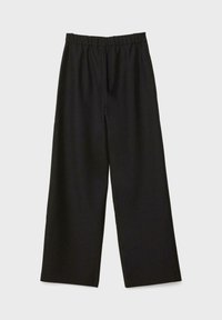 Pantalon noir à larges jambes avec taille élastique, sans poches visibles ni décorations, présenté à plat sur un fond clair.