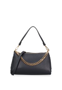 Sac à main en cuir noir avec détail de chaîne dorée, poignée courte et bandoulière réglable, présenté sur un fond blanc.