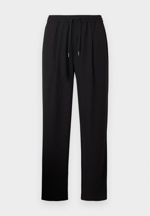 Black trousers with an elastic waistband and drawstring. Smooth texture, straight leg design, and no visible patterns or hardware details.