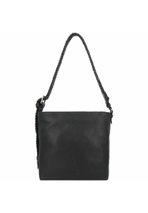 Sacoche en cuir noir avec une finition texturée, dotée d'une bandoulière tressée et d'une forme rectangulaire simple. Design minimaliste sans détails en métal.