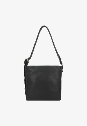 Zwarte leren schoudertas met een gestructureerde afwerking, voorzien van een gevlochten riem en een eenvoudige rechthoekige vorm. Minimalistisch ontwerp zonder hardwaredetails.