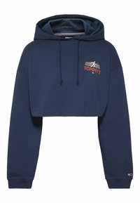 Sudadera corta en azul marino hecha de material suave, con un logo frontal "TOMMY'S" en rojo y blanco, con cordones y puños acanalados.