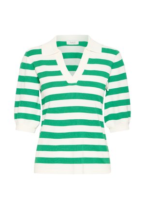 Zöld és fehér csíkos kötött felső V-kivágással, rövid puffos ujjak, bordázott mandzsetták, puha, könnyű anyagból készítve.