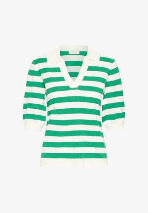 Zöld és fehér csíkos kötött felső V-kivágással, rövid puffos ujjak, bordázott mandzsetták, puha, könnyű anyagból készítve.