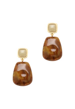 Brown marbled resin earrings with a square light beige top, gold-tone hardware, and a glossy finish, featuring an organic, fluid shape.
