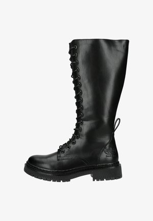 Zwarte kniehoge leren laars met dikke profielzool en vetersluiting aan de voorkant, voorzien van een treklus aan de achterkant en een geperst merklogo.