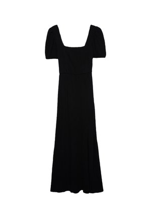 Black maxi dress with a square neckline, short puff sleeves, and a soft, flowing fabric. Features a side slit for ease of movement.