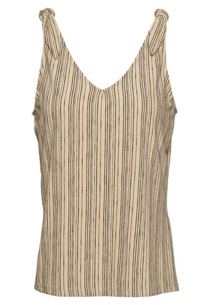 Haut sans manches beige clair avec un col en V et des bretelles nouées. Présente des rayures verticales noires et un tissu doux et texturé.