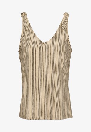 Top sin mangas color beige claro con escote en V y tirantes anudados. Presenta rayas verticales negras y una tela suave y texturizada.