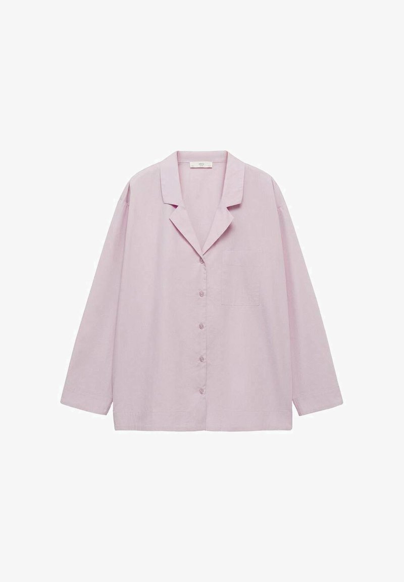 Light pink, long-sleeve button-up shirt with a notched collar, single chest pocket, and a relaxed fit. Soft fabric and smooth texture.