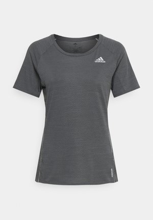 Dark gray short-sleeve Adidas athletic shirt with subtle textured pattern and white Adidas logo on the chest.