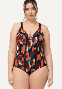 Maillot de bain une pièce avec un motif abstrait multicolore. Il présente un décolleté en V profond avec un détail croisé, des bretelles réglables et une silhouette ajustée.