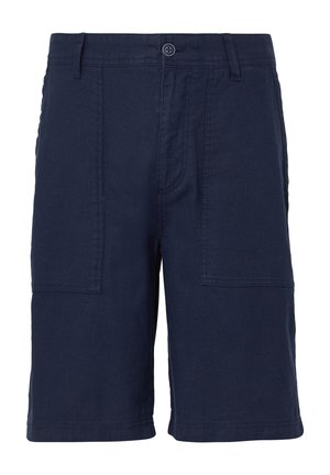 Granatowe szorty typu cargo wykonane z mieszanki bawełny, z wieloma bocznymi kieszeniami, z zapięciem na guzik oraz luźnym krojem.