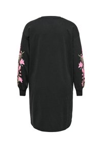 Μαύρο φόρεμα φούτερ με μακριά μανίκια, διακοσμημένο με ροζ κεντήματα λουλουδιών σε κάθε μανίκι, ριμπ γιακά και άνετη εφαρμογή.