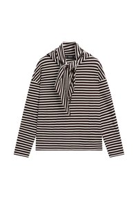 Sort-hvid, langærmet top med vandrette striber og knyttet tørklæde ved halsen, lagt fladt på en hvid baggrund.