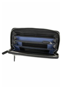 Black leather wallet with a zip closure, featuring multiple card slots, a zippered coin pocket, and a blue fabric lining.
