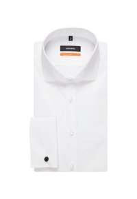 Vit skjorta med klassisk krage, långa ärmar och svarta manschettknappar. Har knäppning fram och en slät, strukturerad tygkvalitet.