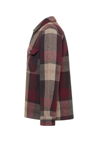 Kariertes Hemd mit Knopfleiste in Braun-, Burgund- und Grautönen; aus einem strukturierten Stoff gefertigt, mit Brusttasche und Kragen.