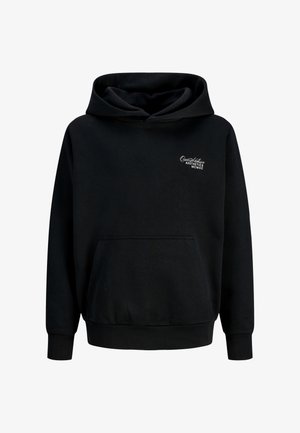 Schwarzer Kapuzenpullover mit Kordelzug, Fronttasche und gerippten Bündchen. Mit weißem gesticktem Logo auf der oberen linken Brust. Weicher Baumwollmix.