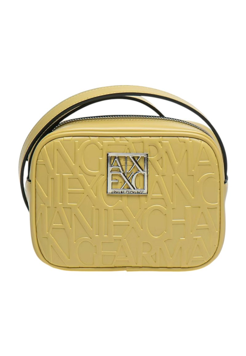 Borsa a tracolla gialla con motivo del logo in rilievo, forma rettangolare, hardware argentato e tracolla nera regolabile. Finitura testurizzata.
