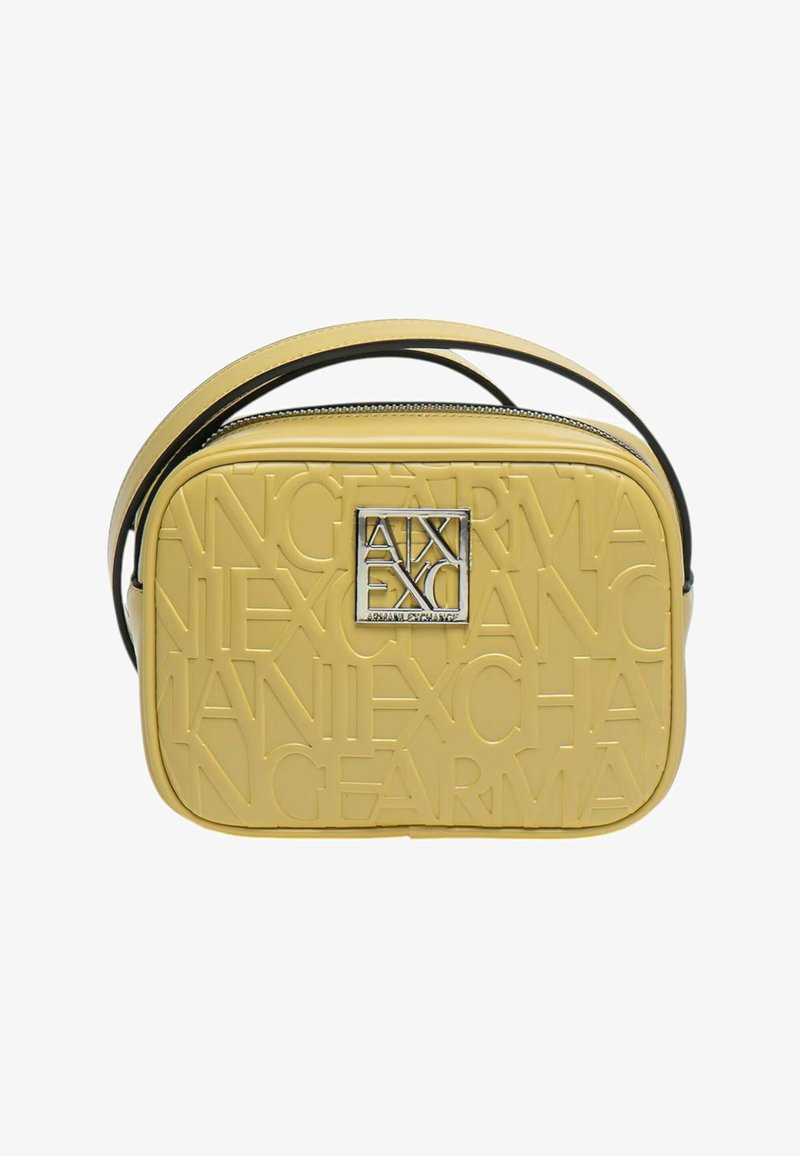 Borsa a tracolla gialla con motivo del logo in rilievo, forma rettangolare, hardware argentato e tracolla nera regolabile. Finitura testurizzata.