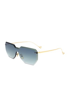 Occhiali da sole con lenti sfumate blu geometriche e sottili astine in metallo dorato con naselli regolabili.