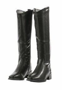 Stivali neri in pelle fino al ginocchio con finitura liscia, cerniera laterale, tacco basso a blocco e design della punta rotondo.