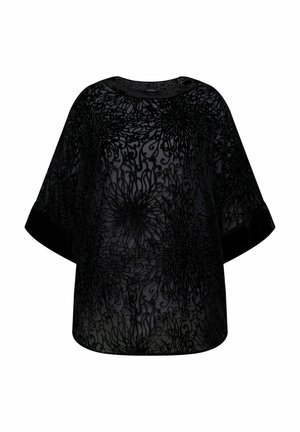 Zwarte doorschijnende top met een gebloemd borduurpatroon, brede mouwen, ronde halslijn en textielstructuur. Lichtgewicht en losvallend ontwerp.