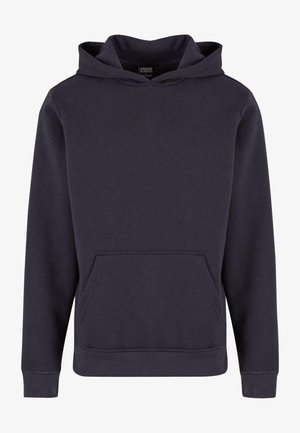 Sudadera gris oscura hecha de tela suave, con un bolsillo tipo canguro en la parte frontal, capucha con cordones y puños y dobladillo de canalé.