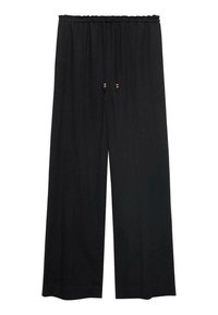 Black, wide-leg trousers made of lightweight fabric with an elastic waistband and drawstring, featuring wooden bead accents.
