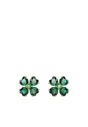 Pendientes destud en forma de flor con gemas verdes, que presentan piedras en forma de corazón engastadas en metal tono dorado con una piedra central de acento.