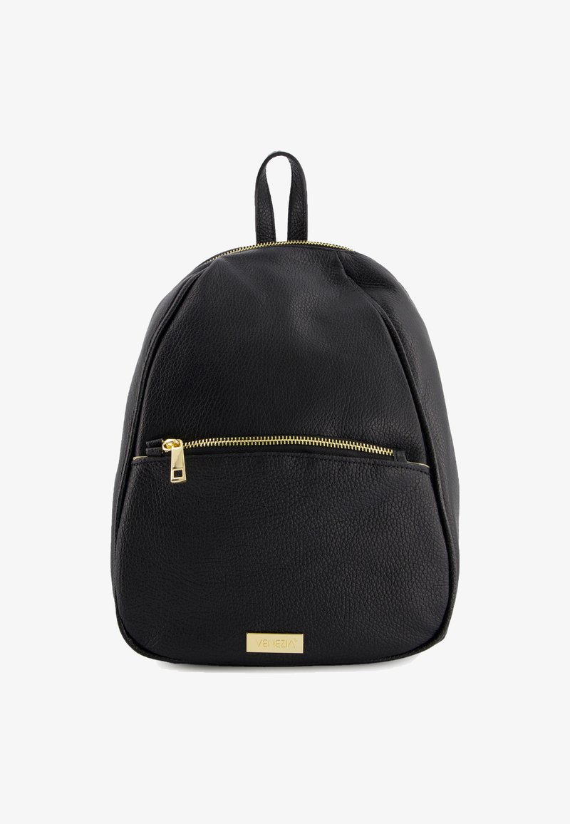 Black leather backpack with a textured finish, featuring a gold zipper and a front pocket. Branding plate located at the bottom.