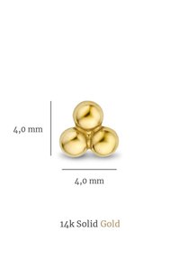 14k massief gouden oorbel met drie sferische vormen, elk met een diameter van 4 mm, met een gladde, reflecterende textuur.