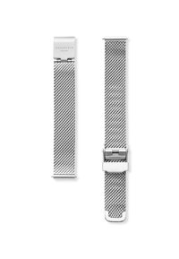 Bracelet de montre en maille argentée avec un motif texturé. Équipé d'un fermoir en métal rectangulaire et d'extrémités lisses pour la fixation. Matériau en acier inoxydable durable.