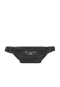 Czarna saszetka na biodra wykonana z trwałego materiału, z gładką przednią częścią, zamkiem błyskawicznym oraz regulowanym paskiem zapewniającym bezpieczne noszenie.