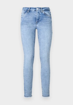 Lyseblå denim skinny jeans med høy midje, med knappe- og glidelås-lukking, fem lommer og frayed kantdetaljer.