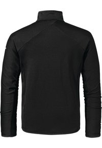 Schwarzer Langarm-Pullover mit hohem Kragen. Strukturiertes Material mit geripptem Muster, mit flachen Nähten und einer lockeren Passform.
