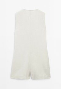 Light gray sleeveless romper with a clean design. Soft texture, short legs, and a straight back seam. Minimalist style with no embellishments.