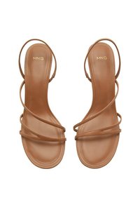 Tan strappy sandals with minimalistic design, featuring thin straps and a flat sole. Smooth texture with MNG logo embossed on the insole.