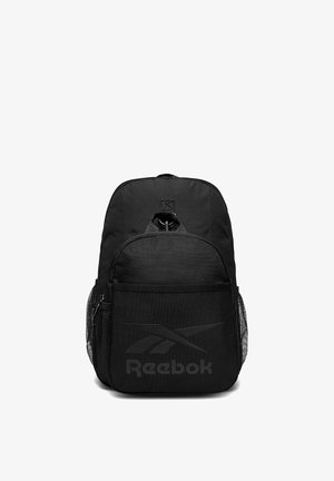 Zaino nero Reebok con ampia tasca frontale, tasche laterali in rete, maniglia superiore e logo Reebok visibile sulla tasca frontale.