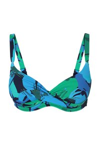 Bikini vrstica v modri, zeleni in črni barvi z zasukanim sprednjim delom. Narejena iz elastičnega materiala, ima nastavljive trakove in gladko teksturo.