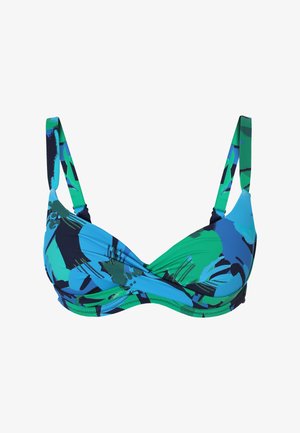 Bikini vrstica v modri, zeleni in črni barvi z zasukanim sprednjim delom. Narejena iz elastičnega materiala, ima nastavljive trakove in gladko teksturo.