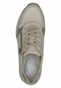 Gray leather sneaker featuring laces and a side zipper. Soft texture with a cushioned insole, accented by a metallic gold zipper pull.